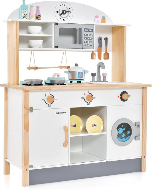 Cucina Giocattolo per Bambini in Legno, Set da Cucina per Bambini con Forno a Microonde, Accessori Vari per Cucinare, per Bambini 3 Anni +