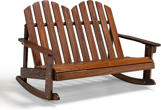 Sedia a Dondolo Adirondack per Bambini, in Legno di Abete, Panchina da Esterno 2 Posti con Dondolio Sicuro, Schienale Alto e Braccioli, Portata 100 kg, Dondolo da Giardino e Balcone (Caffè)