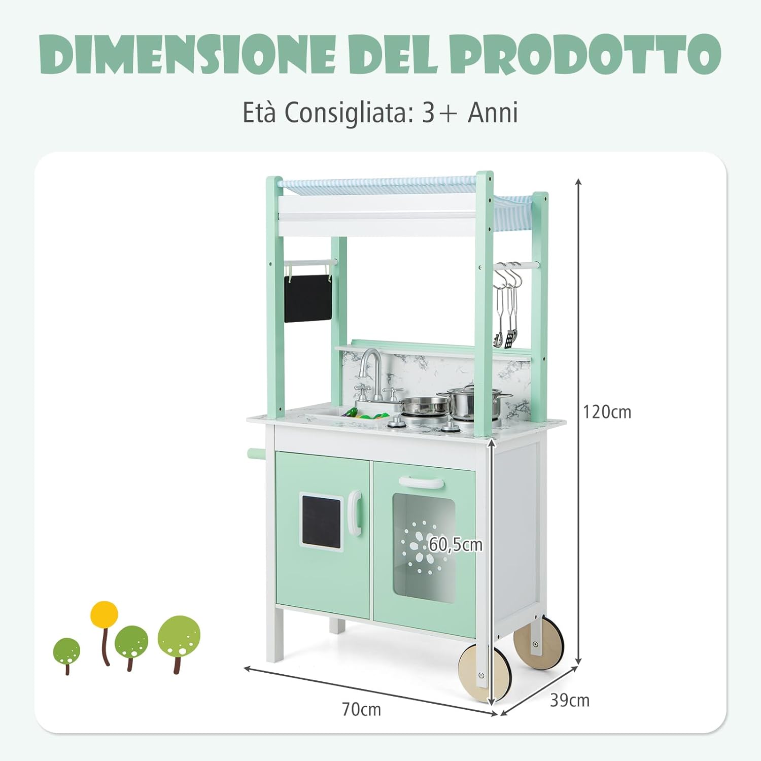 Cucina & Negozio per Bambini 2 in 1, Set Cucina Giocattolo a Doppia Faccia per Bambini in Legno, con Telecomando e Barre Luminose a LED, Ruote, per Bambini 3+ Anni