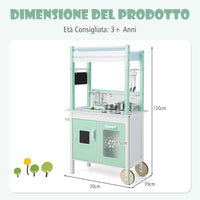 Cucina & Negozio per Bambini 2 in 1, Set Cucina Giocattolo a Doppia Faccia per Bambini in Legno, con Telecomando e Barre Luminose a LED, Ruote, per Bambini 3+ Anni