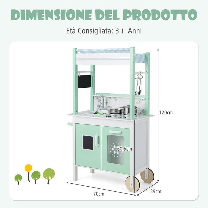 Cucina & Negozio per Bambini 2 in 1, Set Cucina Giocattolo a Doppia Faccia per Bambini in Legno, con Telecomando e Barre Luminose a LED, Ruote, per Bambini 3+ Anni