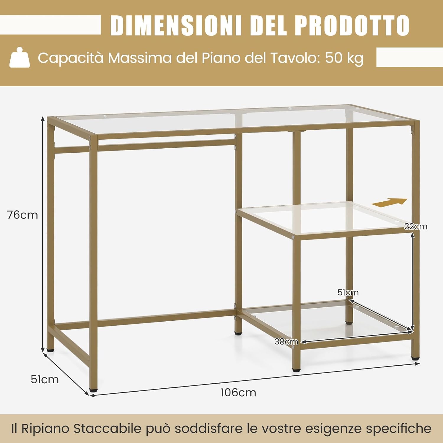 Tavolo Console Moderno da 106 cm, Tavolo d'Ingresso in Vetro Temperato con 2 Ripiani Aperti e Telaio in Metallo, Tavolo Stretto per Ingresso, Corridoio e Soggiorno