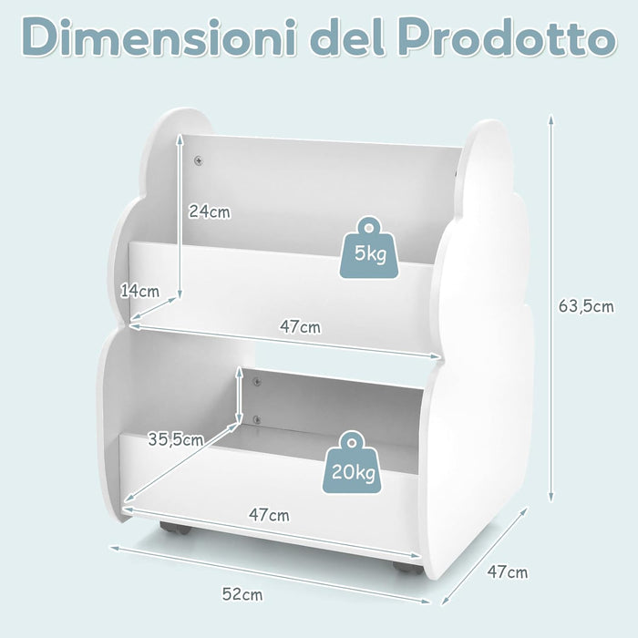 Libreria per Bambini con Ruote, Libreria Bimbi a 2 Livelli con Angoli Arrotondati, Scaffale Porta Libri Bambini da Cameretta Asilo Nido Camera da Letto, Bianco