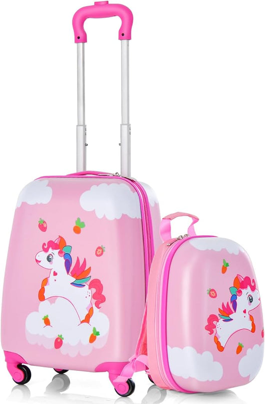 Set di Valigia per Bambini, 16" Valigia+ 12" Zaino, 2 Pezzi, con Ruote Girevoli a 360° e Maniglia Retrattile, Ideale per Viaggiare in Modo Comodo e Divertente (Modello 14)