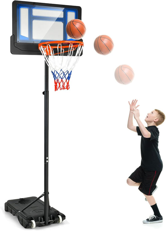 Canestro Basket da Interno ed Esterno Portatile e Regolabile in Altezza 90-210cm, Canestro da Basket per Bambini con Ruote, Incavo per Pallone e Tabellone Infrangibile, Blu