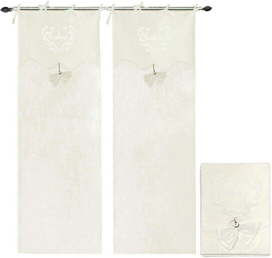 Tende Finestre Porta Interno 60x240 cm Tessuto Lino Bianco Coppia 2 Pz Shabby Chic Fiocco