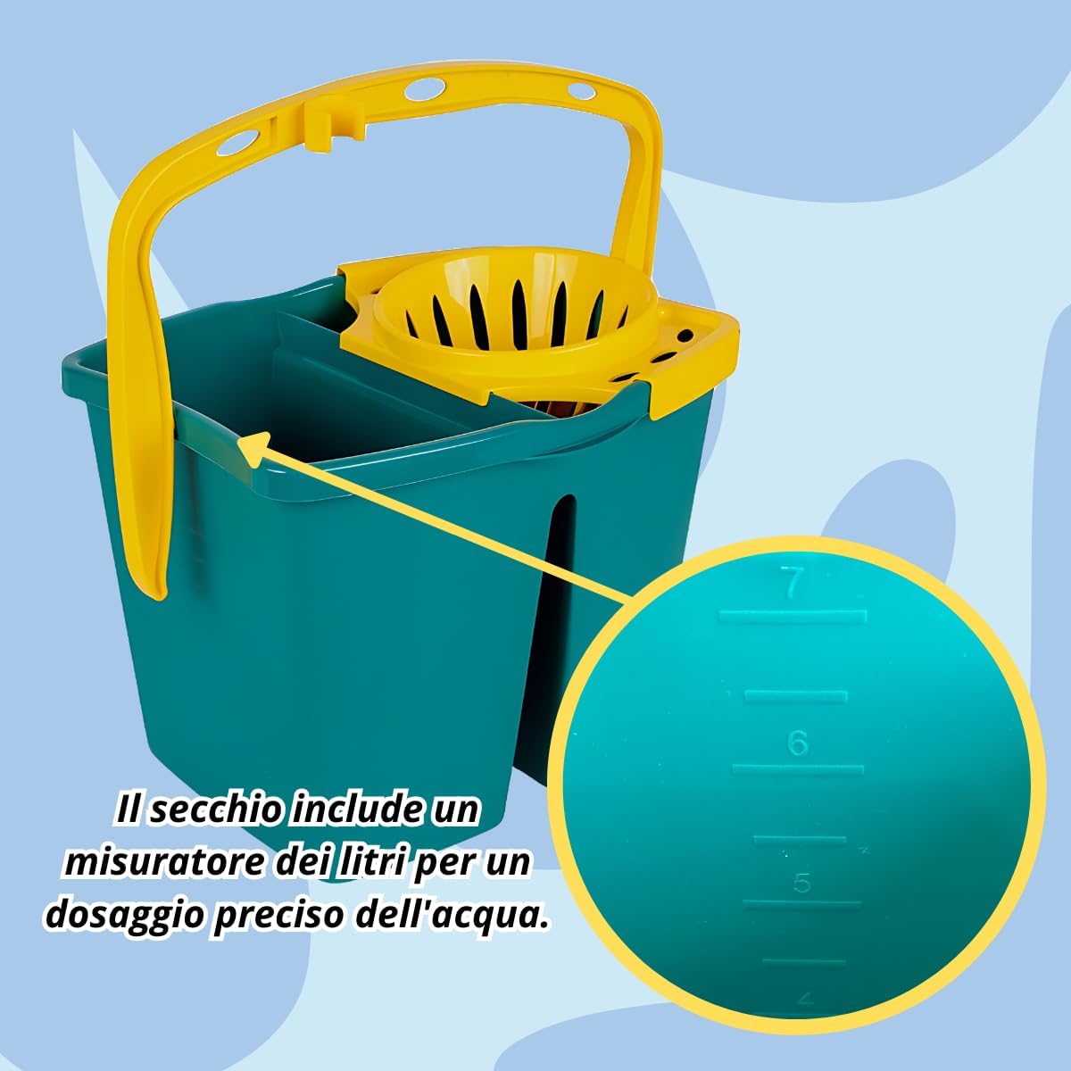 Tomaino - Secchio lavapavimenti con Doppia Vasca in Plastica - Mocio Acqua Separate Pulita e Sporca - 2 Vasche da 7 litri con Strizzatore Per Pulizia Casa, Ufficio, Uso Professionale