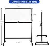 Lavagna Bianca Magnetica Doppia, Design Regolabile in Altezza con Ruote Bloccabili, 6 Pennarelli, 12 Calamite e 1 Cancellino, Ideale per Casa Ufficio e Scuola, 126 x 59 x 145/165 cm, Nero