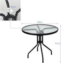 Tavolo da Patio da 70 cm, Tavolino Rotondo da Giardino in Vetro Temperato, con Gambe in Metallo, Foro per Ombrellone, per Giardino, Balcone, Fino a 50 kg, 70 x 70 x 71 cm