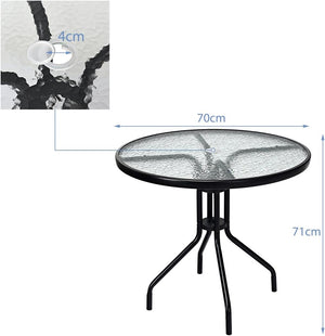 Tavolo da Patio da 70 cm, Tavolino Rotondo da Giardino in Vetro Temperato, con Gambe in Metallo, Foro per Ombrellone, per Giardino, Balcone, Fino a 50 kg, 70 x 70 x 71 cm