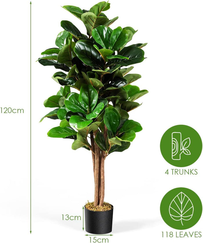 Ficus Lyrata Artificiale da 1,2 Metri, Pianta Finta con Foglie Realistiche in PEVA, Pianta Artificiale da Interno ed Esterno con Vaso in PP, Ideale per Casa e Ufficio