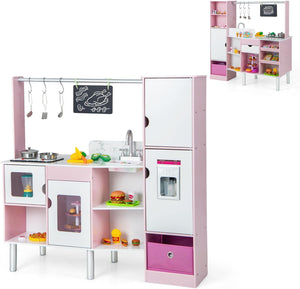 Cucina e Mercato per Bambini 2 in 1, Cucina Giocattolo per Bambini con Luci e Suoni, Produttore di Ghiaccio e Lavagna, Ideale per Bambini 3 Anni+