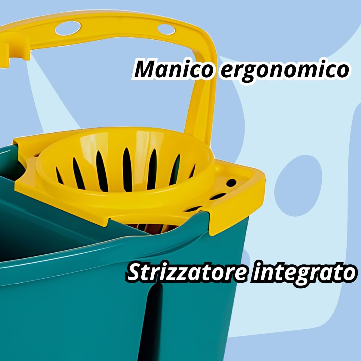 Tomaino - Secchio lavapavimenti con Doppia Vasca in Plastica - Mocio Acqua Separate Pulita e Sporca - 2 Vasche da 7 litri con Strizzatore Per Pulizia Casa, Ufficio, Uso Professionale