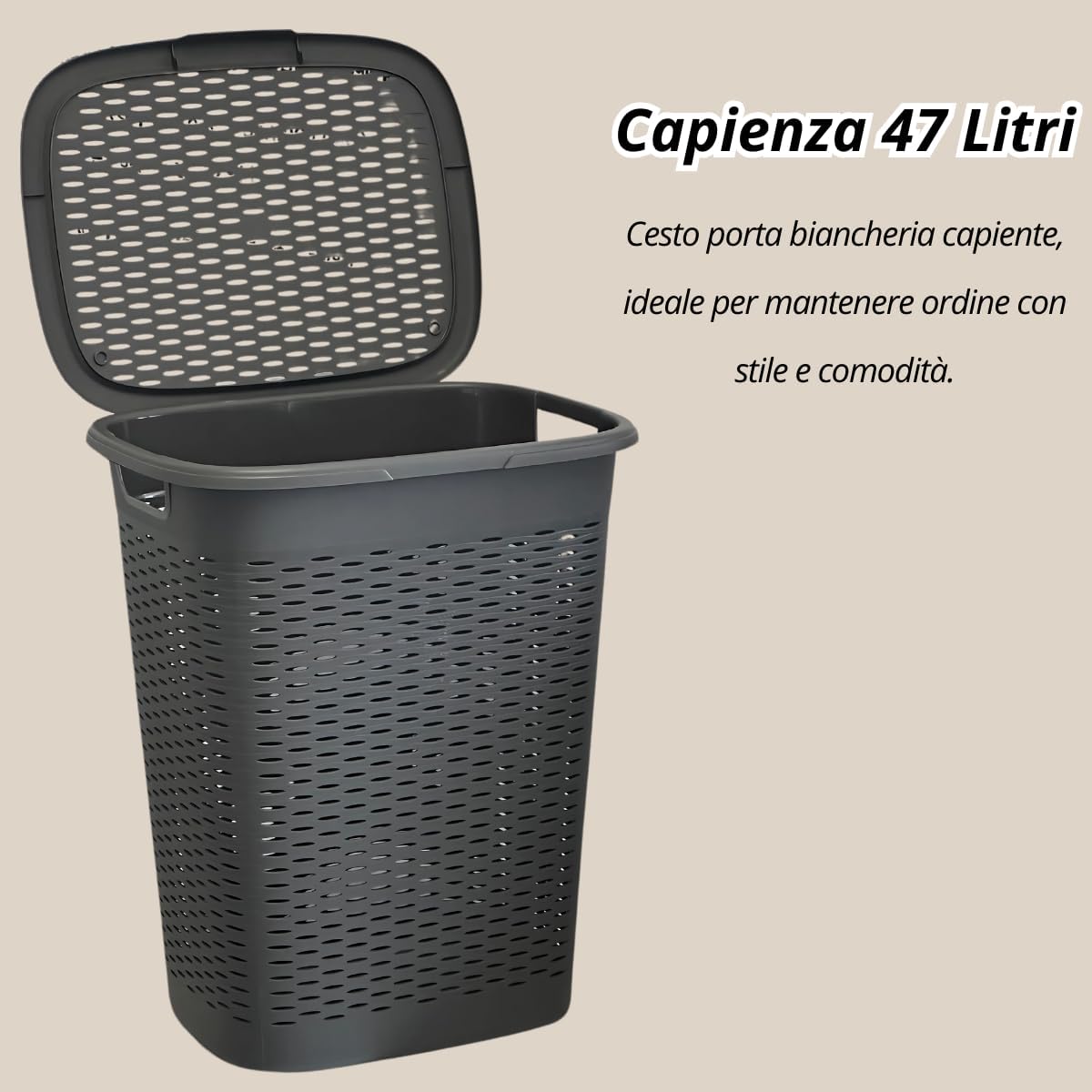 Cesto Portabiancheria in Plastica con Coperchio Salvaspazio 47 Lt - Nero