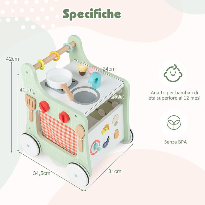 Girello per Bambini 6 in 1, Carrellino Primi Passi per Bmbini in Legno, con Cucina Giocattolo, Gioco Educativo con Ruote per Bambini 12 Mesi + (Verde)