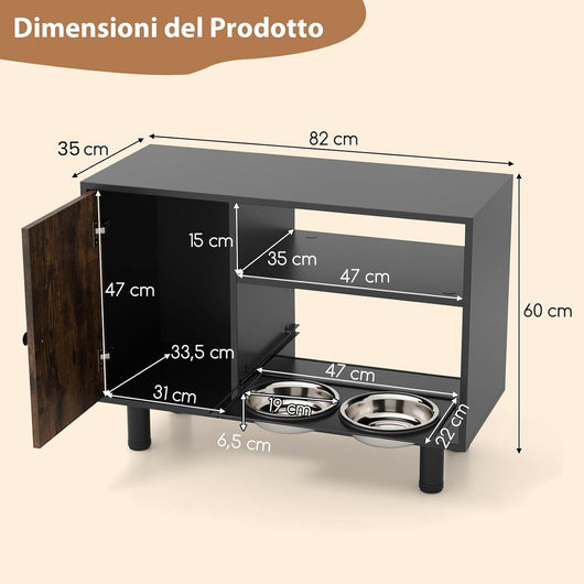 Ciotola per Cani Antigoccia 82 x 35 x 60cm, Armadietto per Animali con 2 Ciotole Rialzate in Acciaio Inox e Scaffale, Stazione di Alimentazione per Forniture di Cibo e Acqua, Marrone