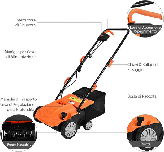 Scarificatore 2 In-1 per Prato, Arieggiatore Elettrico con Sacco Raccoglitore da 30L, Larghezza 32cm, con 3 Posizioni Regolabili, Scarificatore 1500W per Giardino Cortile (32 cm, Arancione)