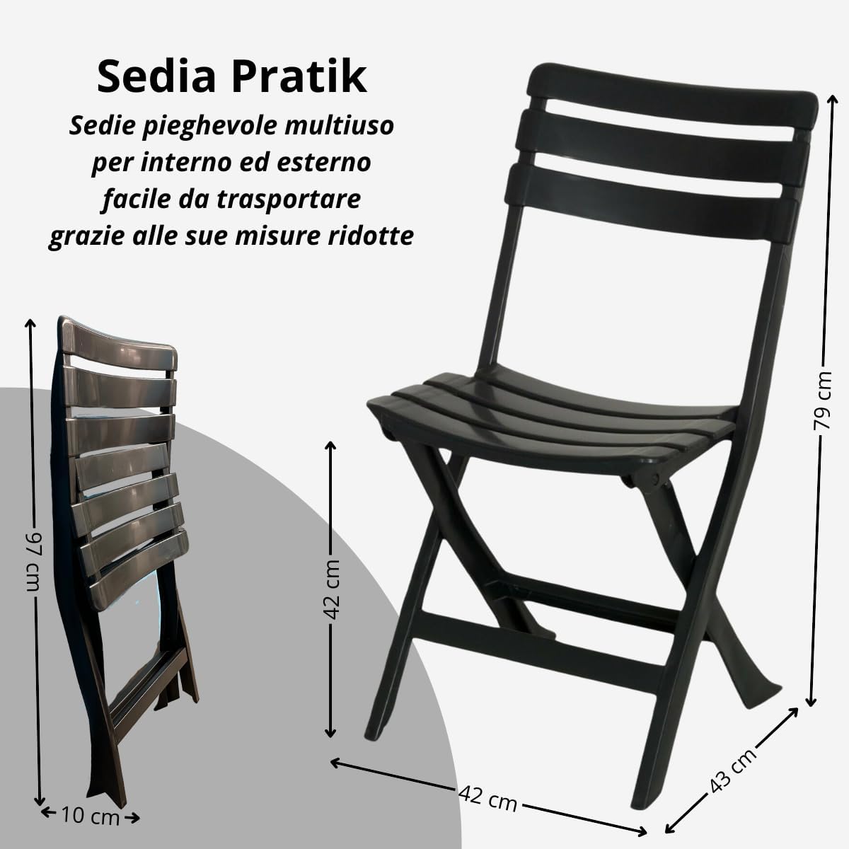 Sedia da giardino in plastica pieghevole, Pratik, Set da 4 pz sedie per esterno Tomaino - Antracite