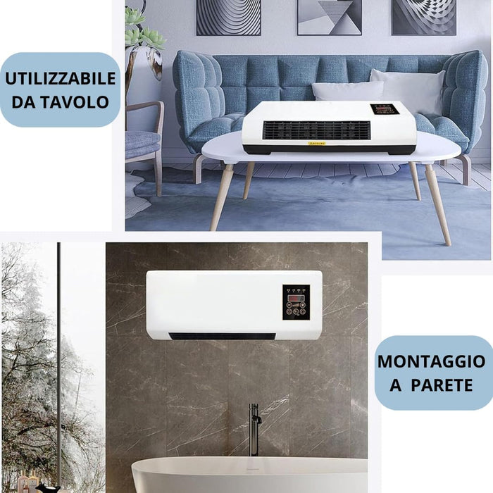 Termoconvettore Elettrico da Parete 1500W con Display LED e Telecomando - Funzione Aria Calda/Fredda, Temperatura Regolabile