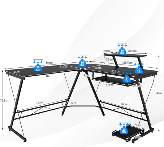 Scrivania Angolare in Legno, Scrivania Porta PC con Supporto Monitor Rimovibile e Vassoio Estraibile per Tastiera, Scrivania Salvaspazio per Studio e Ufficio, 126,5 x 130 x 94 cm, Nero