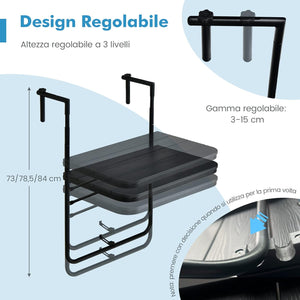 Tavolino Pieghevole da Balcone, Regolabile in Altezza, Tavolo da Appendere Adatto a Ringhiera da 3-15 cm, 62,5x60x84 cm, per Giardino Esterno Terrazzo (Nero)