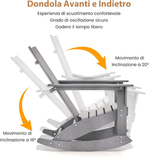 Sedia a Dondolo Adirondack, HDPE Dondolo Impermeabile da Esterno con Schienale Curvo, Portata 150 kg, Sedia Dondolo da Giardino Balcone, Grigio