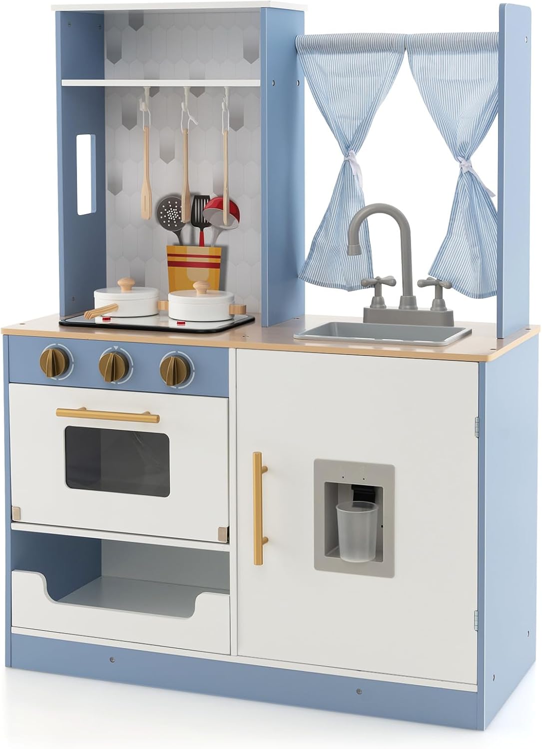 Cucina Giocattolo per Bambini, Cucina in Legno con Fornelli, Lavandino, Forno e Distributore d'Acqua, Set da Cucina Giocattolo con Pentole, Suoni e Luci, per Bambini di 3+ Anni