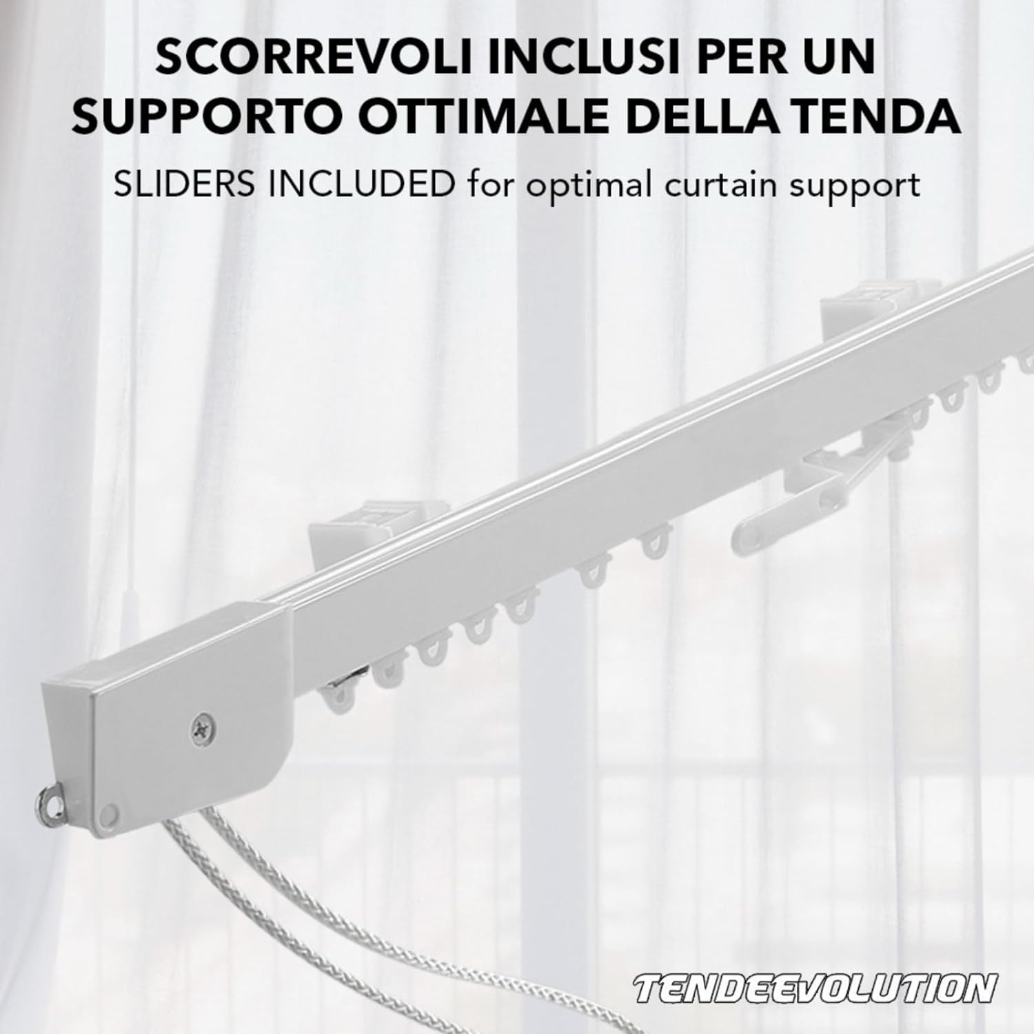 Binario Scorritenda Lineare da Soffitto Alluminio Bianco Movimento a Corda Apertura Centrale Riloga Bastone Tenda 200cm