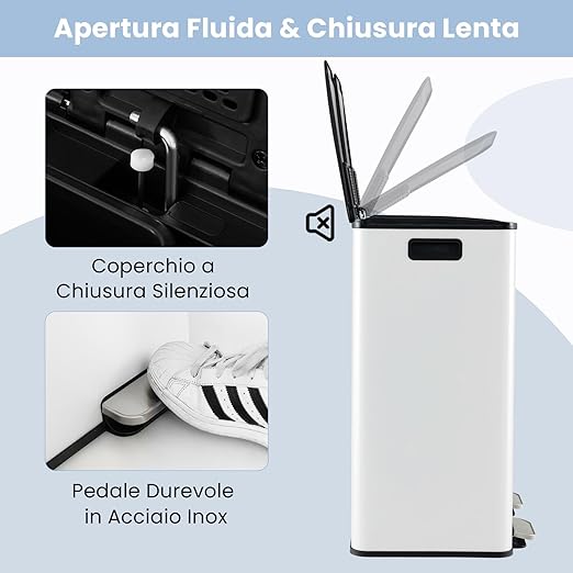 Pattumiera per Differenziata 2 Scomparti, Secchi Spazzatura Differenziata 2 x 30 L, Bidone con Coperchi a Chiusura Morbida, Acciaio Inox Anti-Impronte (Bianco)