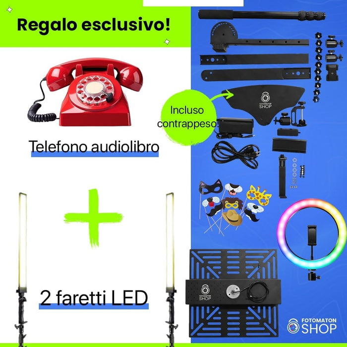 360 Photo Booth - Include 2 Faretti LED, Telefono Audiolibro, Software per l'utilizzo, 80cm - Cabina Fotografica 360, Macchina Fotografica a 360 gradi