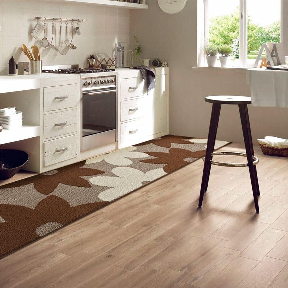 Tappeto Cucina 3D Fiore 57x270 cm Tridimensionale Morbido Moderno Passatoia Antiscivolo Marrone