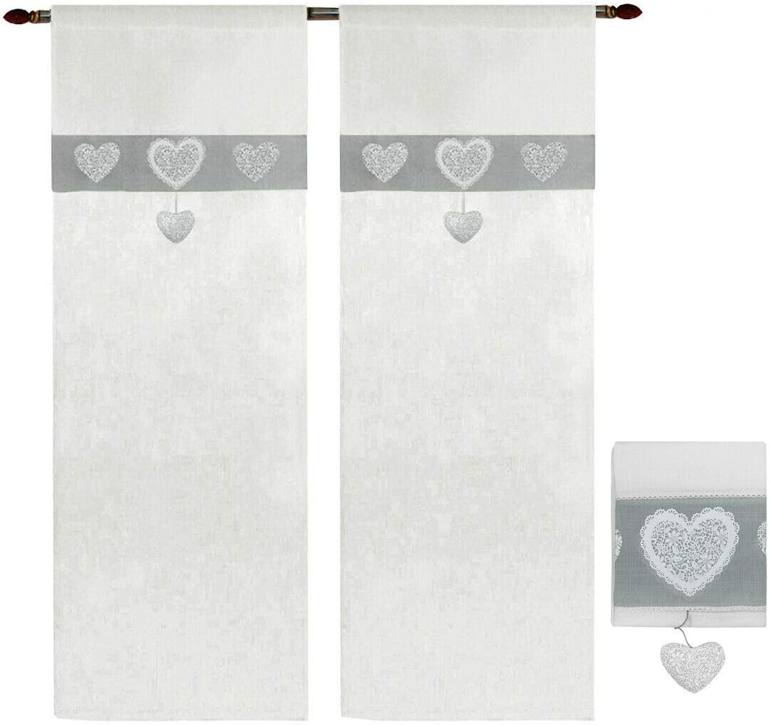 Tende Finestre Porta 60x150 cm Tessuto Lino Semitrasparente Coppia 2 Pz Shabby Chic Cuori Grigio