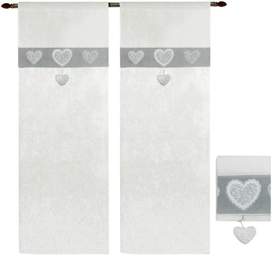 Tende Finestre Porta 60x240 cm Tessuto Lino Semitrasparente Coppia 2 Pz Shabby Chic Cuori Grigio