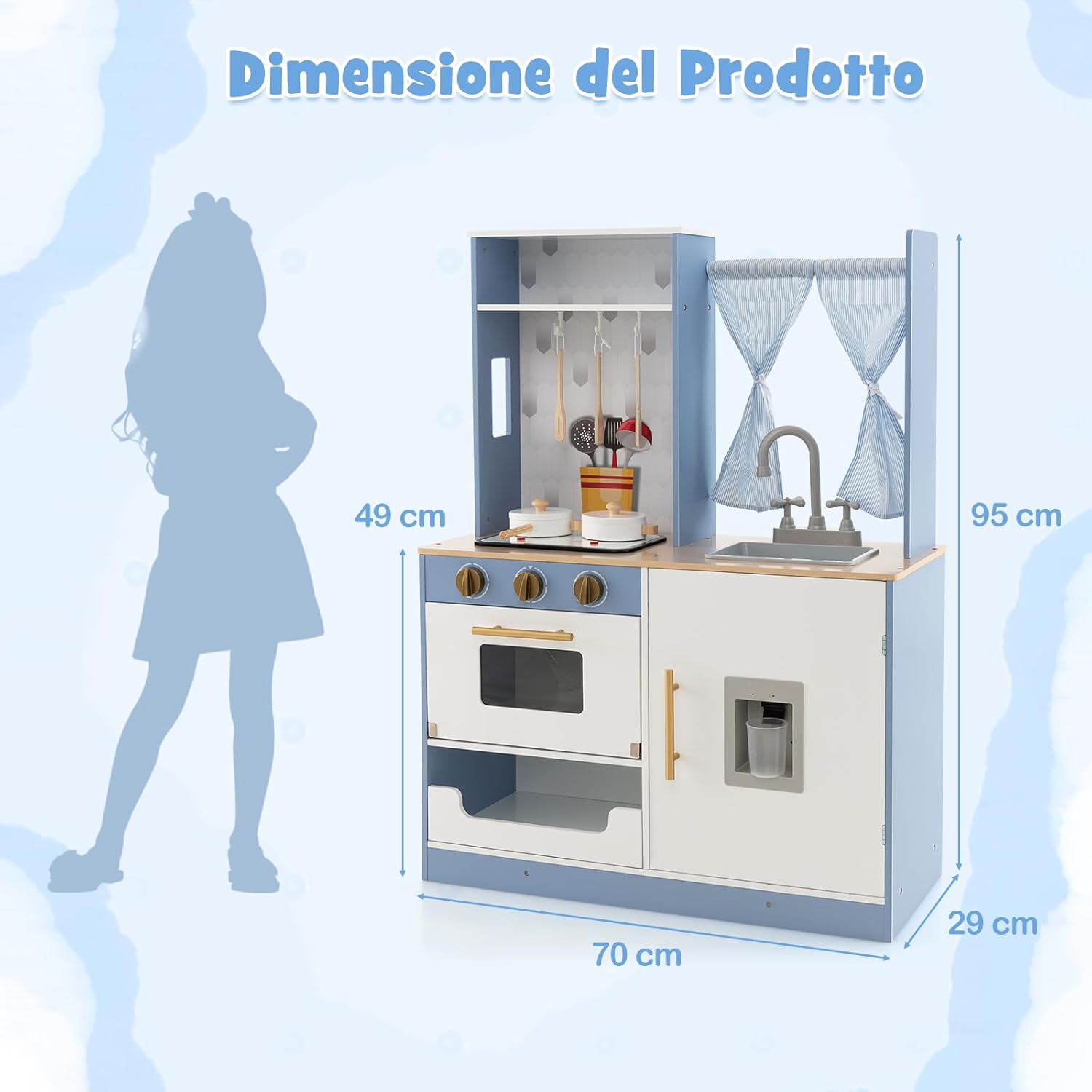 Cucina Giocattolo per Bambini, Cucina in Legno con Fornelli, Lavandino, Forno e Distributore d'Acqua, Set da Cucina Giocattolo con Pentole, Suoni e Luci, per Bambini di 3+ Anni