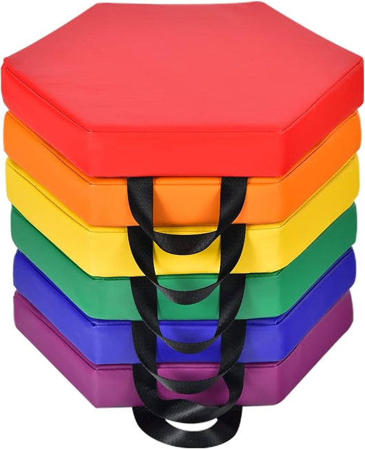 6 Cuscini Esagonali per Bambini con Maniglie, Imbottitura in Schiuma di 5 cm, Sedili Portatili e Flessibili per Asilo Nido, 38 x 34 cm (Arcobaleno)