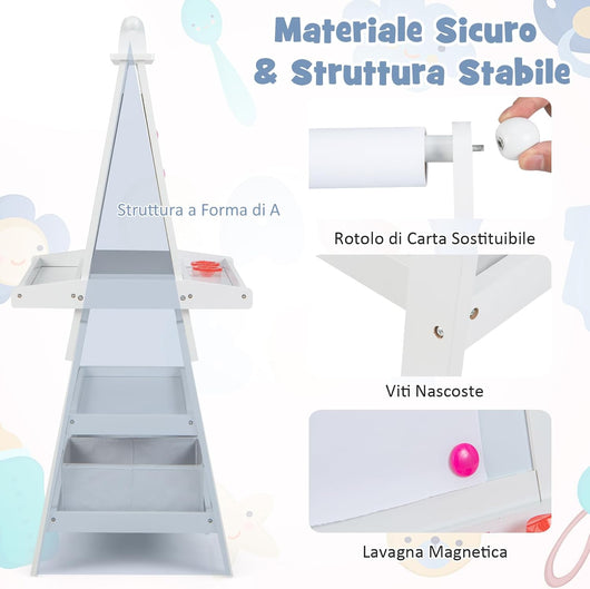 3 in 1 Cavalletto per Bambini con Doppia Faccia, Cavalletto per Disegno con 2 Vassoi e 2 Scatole, Lavagna Bambini in Legno (Bianco)