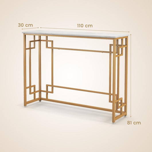 Tavolo Consolle Moderno, Tavolo da Ingresso Stretto con Cornice Geometrica Dorata, Piano Effetto Marmo Bianco e Dispositivo Anti-Ribaltamento, 110 x 30 x 81 cm