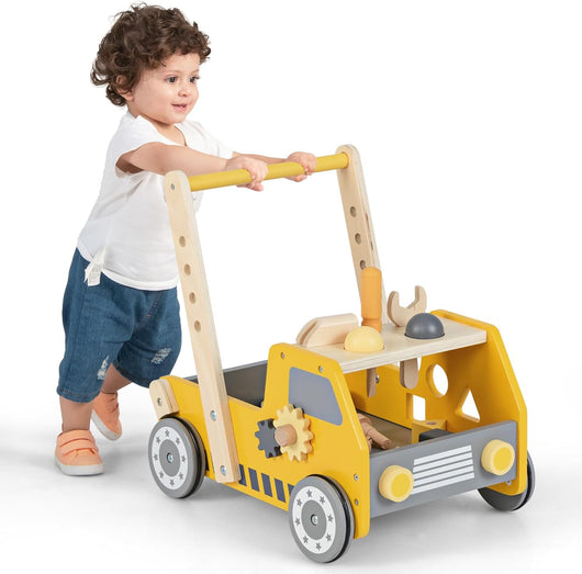 2-in-1 Carrello da Spinta in Legno, Girello per Bambini con Attrezzi Regolabili, Primi Passi con Banco da Lavoro, con Giocattoli Montessori,Velocità Regolabile, per Bambini 3+ Anni