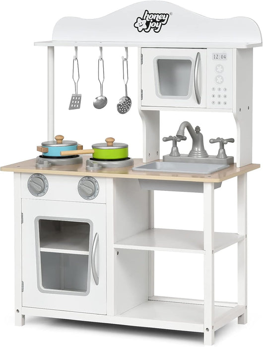 Cucina Giocattolo Per Bambini, Cucina di Legno con Accessori da Cucina, Set Cucina con Pentole e Utensili per Cucinare, Bianco