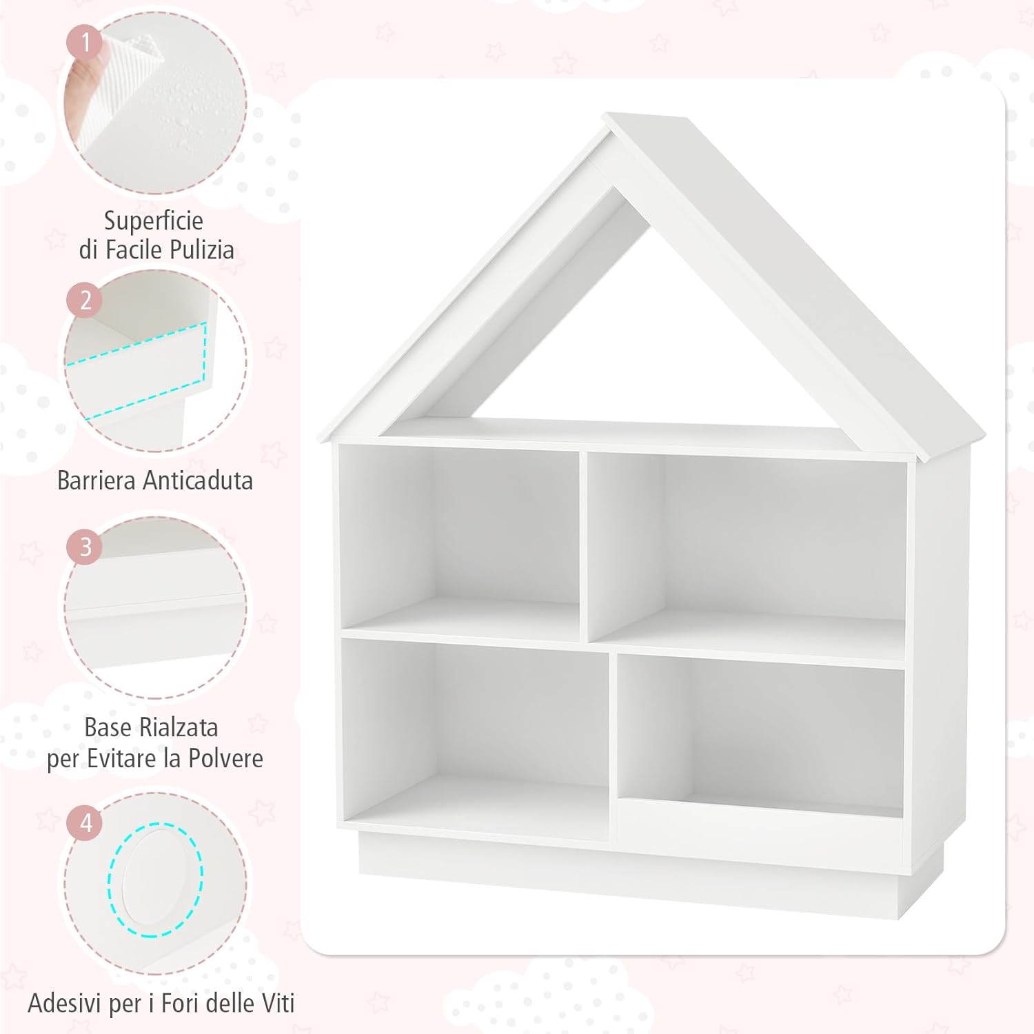 Libreria per Bambini a Forma di Casa, Scaffale in Legno con 5 Cubi per Giocattoli, Organizer di Stoccaggio Antiribaltamento, Scaffale Aperto a 3 Livelli, 88x34x108 cm (Bianco)