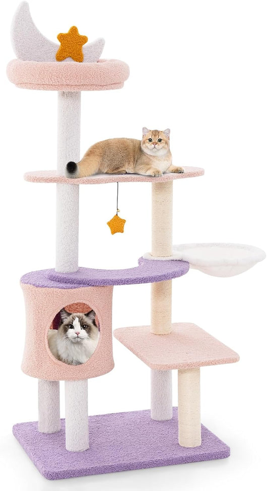 Albero per Gatti da 58 cm, Torre per Gatti Multilivello da Interno Viola con Pali Graffiati Rivestiti di Sisal, Piattaforme, Giochi Pendenti e Cuccia, Centro Attività per Gattini