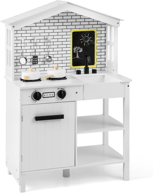 Set da Cucina Giocattolo, Cucina di Gioco per Bambini in Legno con Lavagna Aggiuntiva, Ripiani e Ganci di Stoccaggio, per Bambini 3 anni+, Bianco