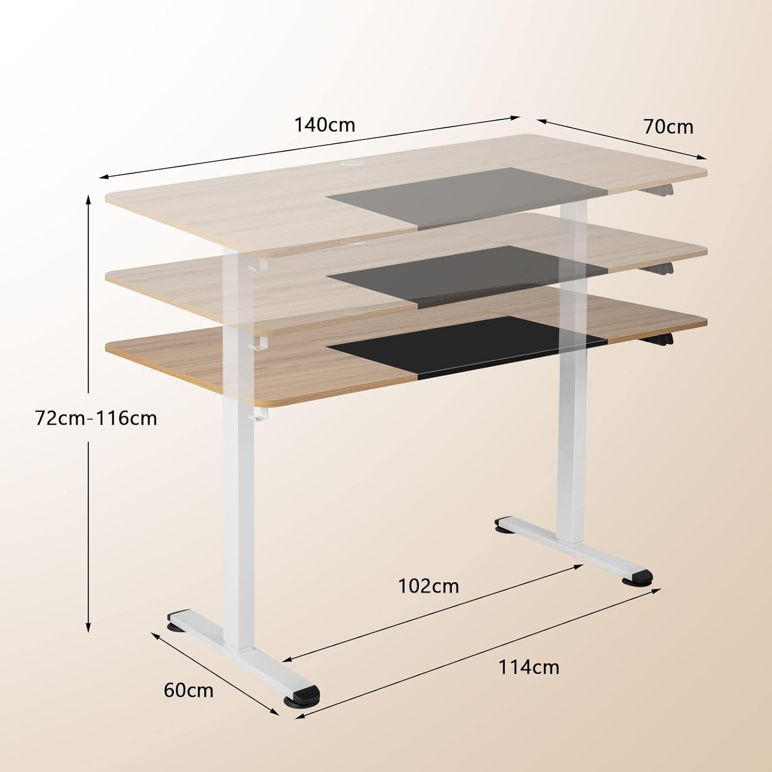 Scrivania Regolabile in Altezza Elettrica, Scrivania con Ampio Piano, Foro Passacavi e Gancio, Postazione di Lavoro per Computer da Ufficio e Casa, 140 x 70 x 72-116 cm (Legno scuro)