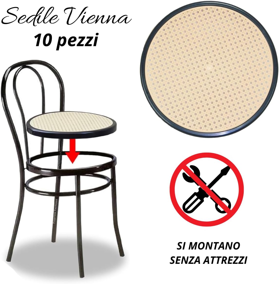 Tomaino - Fondelli Sedia Rotondi, Ricambi Sedute In Paglia Per Sedie Vienna, Bistrot, Thonet - 10 pz Nero