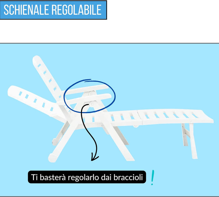 Lettino sdraio pieghevole Prendisole in Plastica Regolabile Reclinabile con Ruote colore bianco Tomaino