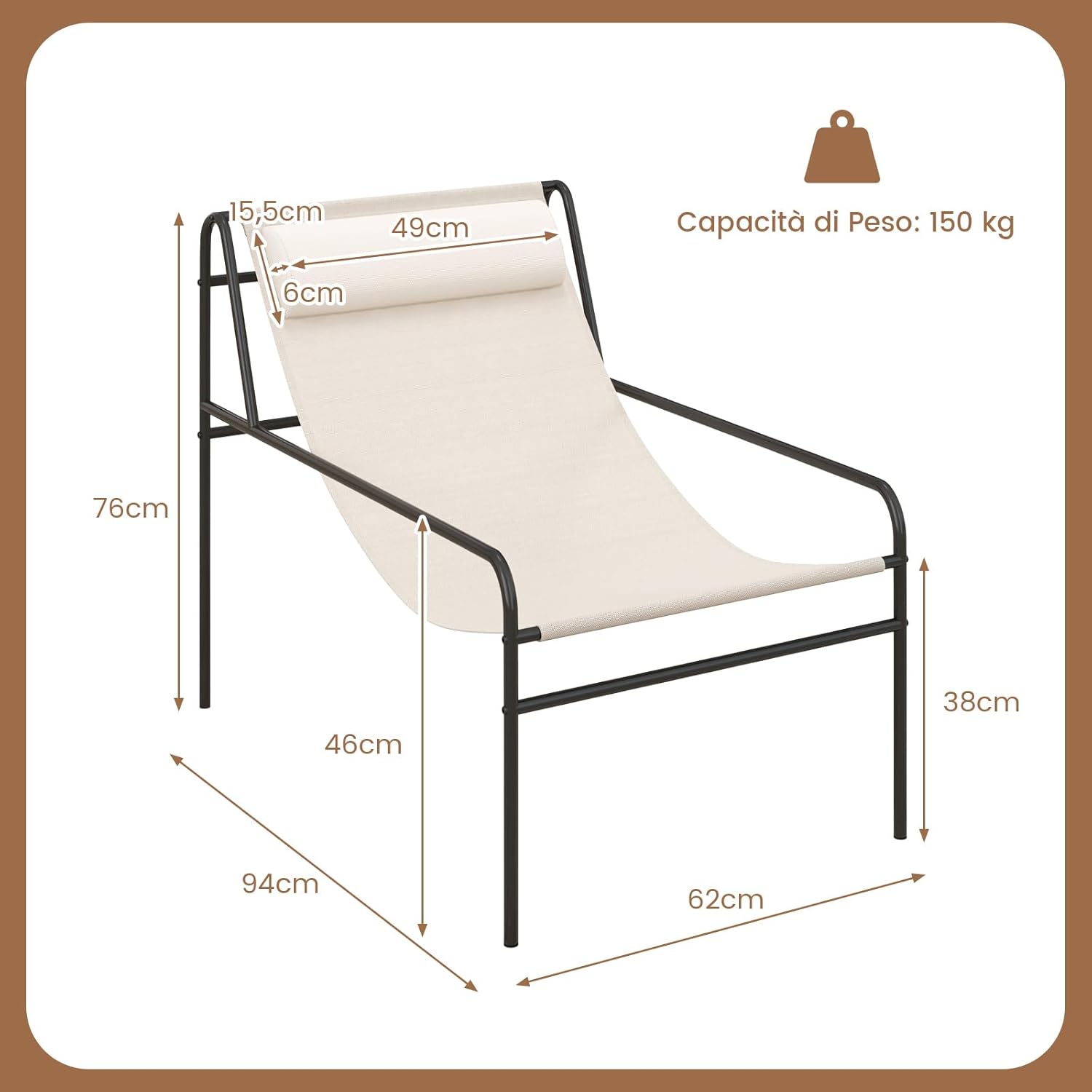 Sedia a Sdraio per Giardino, Sedia con Cuscino Poggiatesta Rimovibile, Telaio Metallico Robusto, Sedia Relax per Interni ed Esterni, CapacitÃ  di Carico 160 kg