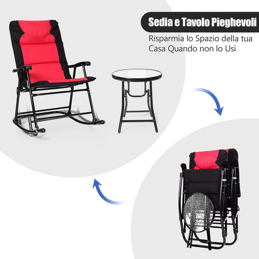 Set di 3 Sedie a Dondolo e Tavolino da Esterno, Sedie e Tavolino Pieghevoli in Vetro e Acciaio, Ideale per Balcone, Giardino e Cortile (Rosso)