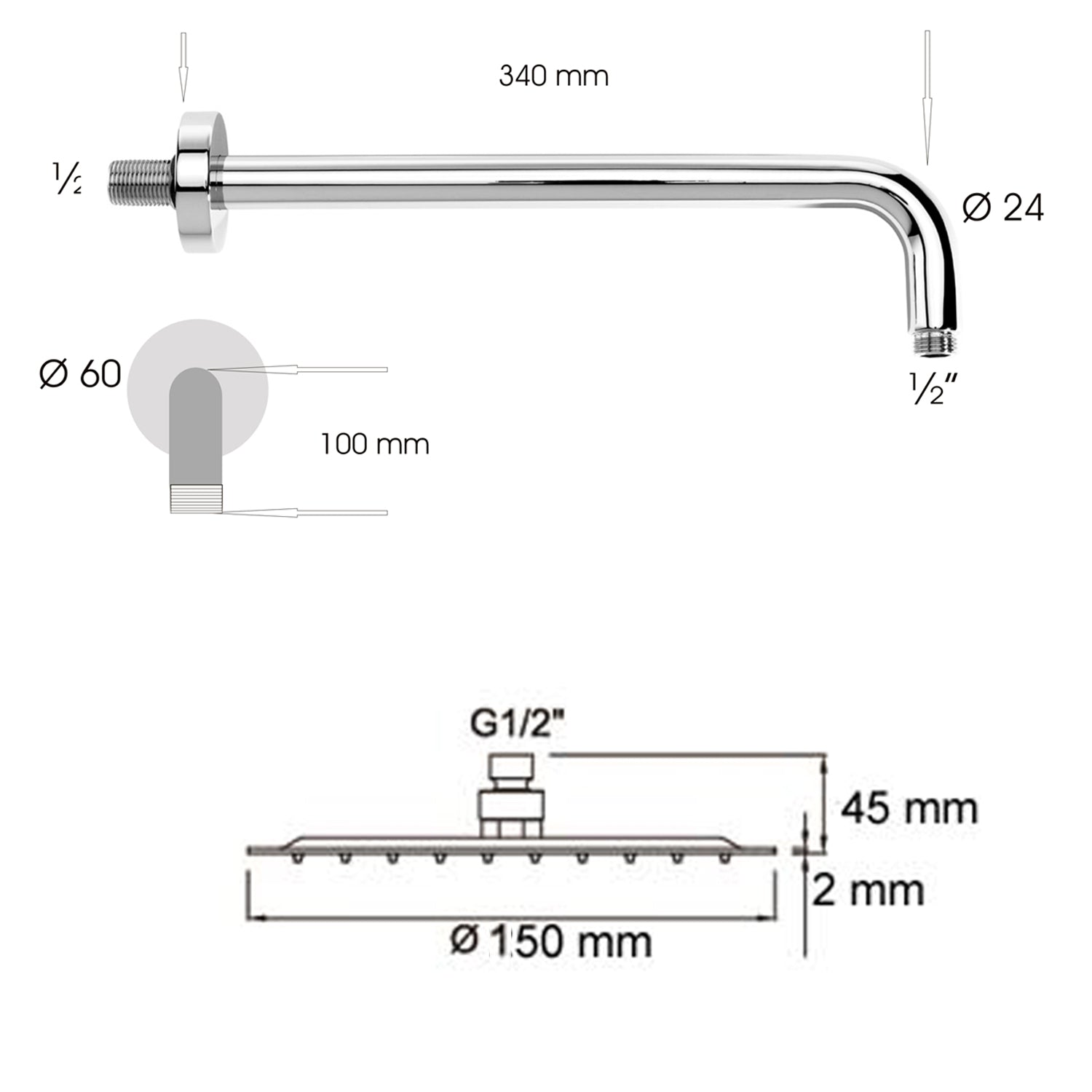 Soffione doccia tondo ultraslim di Ares diametro 15 cm con  braccio doccia in acciaio inox