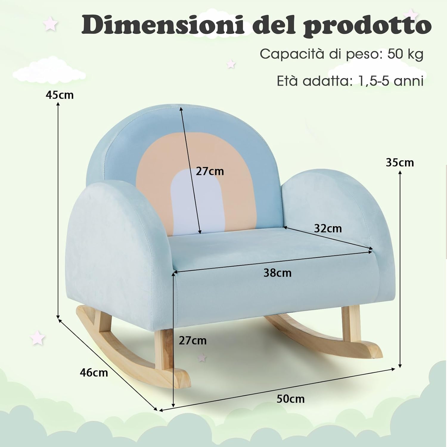 Sedia a Dondolo per Bambini in Legno, Poltrona Imbottita per Bambini con Rivestimento in Velluto Morbido, Design Antiribaltamento, per Camera da Letto, Soggiorno