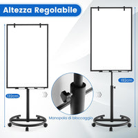 Lavagna Bianca Magnetica Mobile con Accessori, Lavagna Regolabile in Altezza e Angolo con Supporto Rotondo, 5 Ruote Bloccabili, 65 x 60 x 132-192 cm